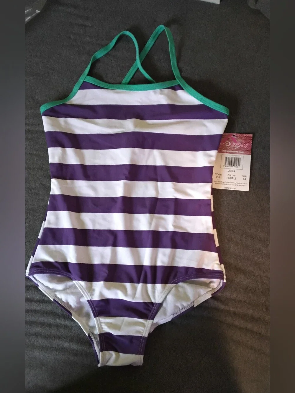 Kanu Surf Girls Size 14 Layla Purple Stripe One Piece Swimsuit NWT